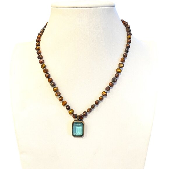 monet brown pearls bezeled blue pendant vintage - Picture 1 of 8